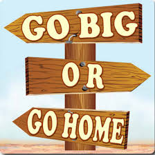 A desing with three wooden direction signs stick to a pole, the upper one points to the left and says \'go big\', the sencond one points to the right and says \'or\' and the third one points to the left and says \'go home\'.