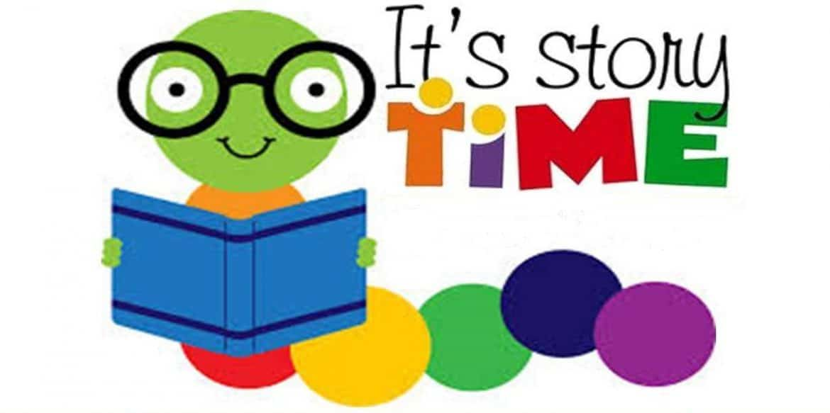 A colorful desing of a frog with glasses holding a book with a message at the right saying \'it\'s story time\'