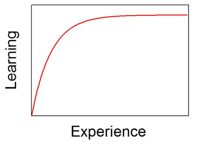 An image showing the learning curve in regards to experience. In the y axe we can read Learning, in the x axe we can read Experience. The curve is more steep when there is less experience and it flattens as experience increases.