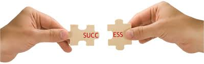 An image showing two hands each holding a piece of a puzzle that fit together. When the pieces fit we can read the word success.